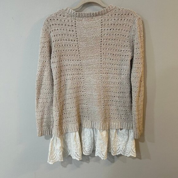 Altar’d State Beige Lace Hem Long Sleeve Crewneck Sweater Women’s Size Medium - Picture 4 of 5